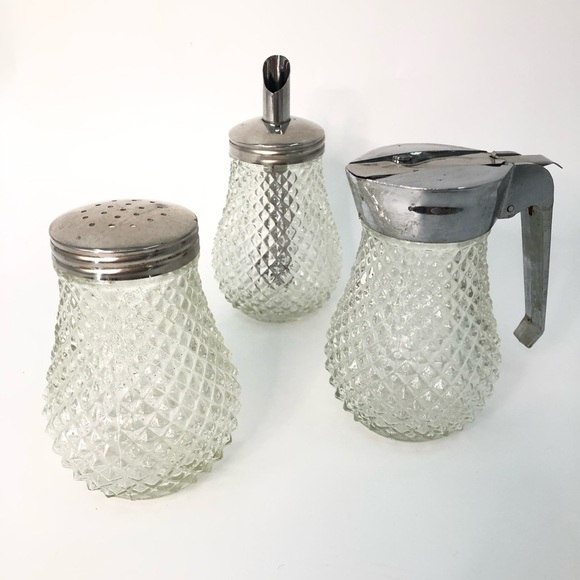 Diamond point Vintage cut glass sugar creamer 0929 cinnamon holder grace mcm - Picture 1 of 8